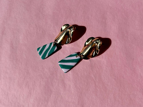 Wavy Green & Pink Stripe & Gold Dangle Studs-Neighbourhood Store