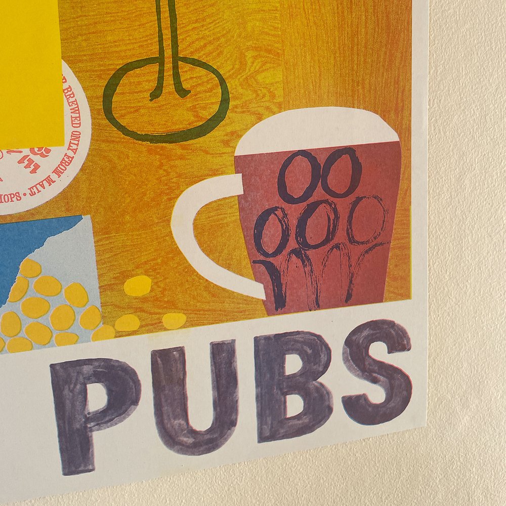 I LOVE PUBS - A3 Risograph art print featuring a stylized brown beer mug with bubble pattern against a warm yellow background, with bold PUBS text at bottom. Three-color print in red, aqua and yellow showing minimalist pub imagery. Art by Lizzie Lomax - Art, Lizzie Lomax, Face Collection.