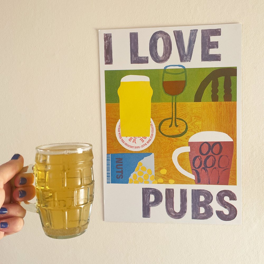 A3 Risograph print I LOVE PUBS featuring colorful illustrations of various drink vessels including a beer glass, wine glass, and coffee mug on vibrant yellow and green background, shown alongside an actual glass of beer. Art by Lizzie Lomax from Art, Lizzie Lomax, Face collections