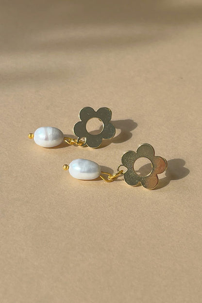 Gold Plated Flower & Pearl Drop Studs