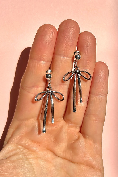 Silver Bow Ribbon Drop Earrings