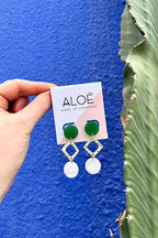 Triple Green, White & Gold Dangle Stud Earrings-Neighbourhood Store 