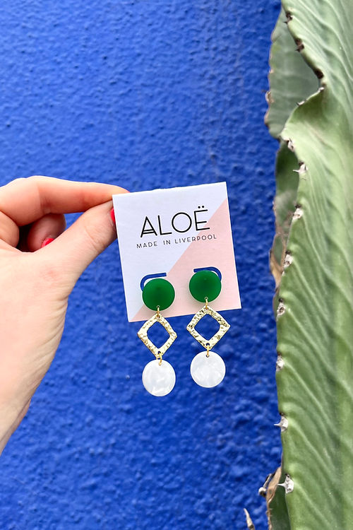 Triple Green, White & Gold Dangle Stud Earrings