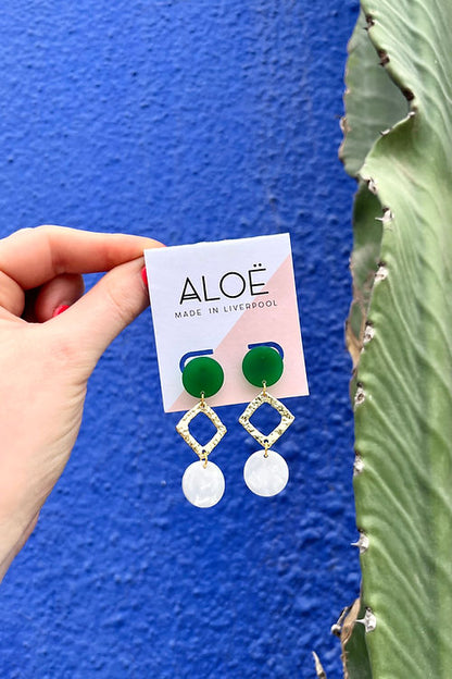 Triple Green, White & Gold Dangle Stud Earrings