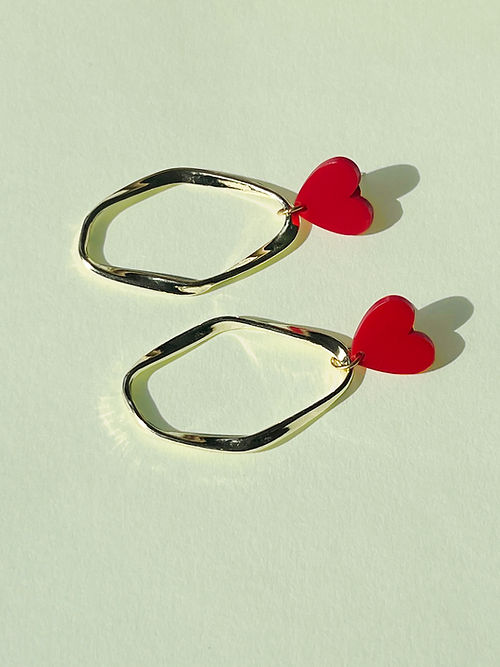 Red Heart Gold Irregular Hoop Earrings