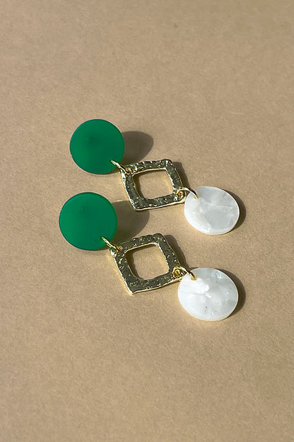 Triple Green, White & Gold Dangle Stud Earrings