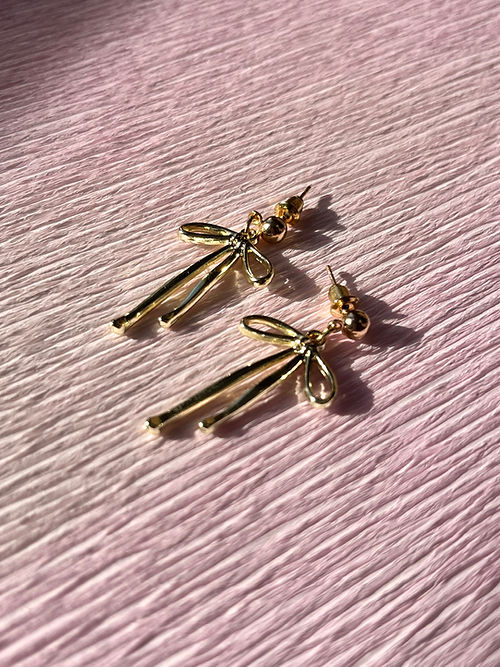 Gold Bow Ribbon Drop Earrings
