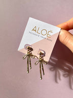 Gold Bow Ribbon Drop Earrings