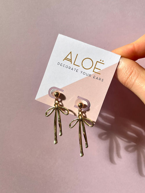 Gold Bow Ribbon Drop Earrings