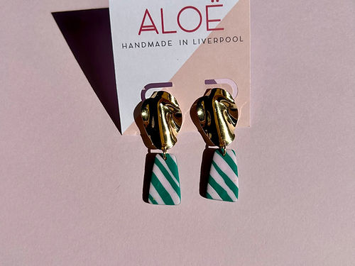 Wavy Green & Pink Stripe & Gold Dangle Studs-Neighbourhood Store 