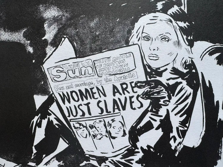 Stylized illustration of a woman holding a newspaper with a provocative headline.
