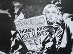 Stylized illustration of a woman holding a newspaper with a provocative headline.