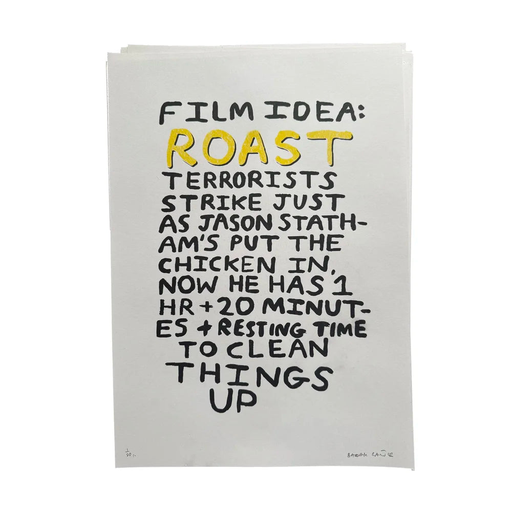 Textual poster with humorous film idea handwritten on a light white background