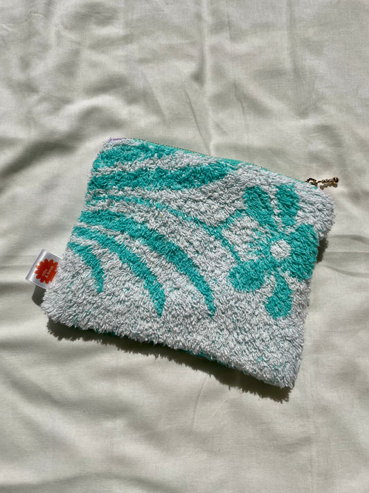 Handmade Vintage Towel Zip Pouch in Turquoise and White