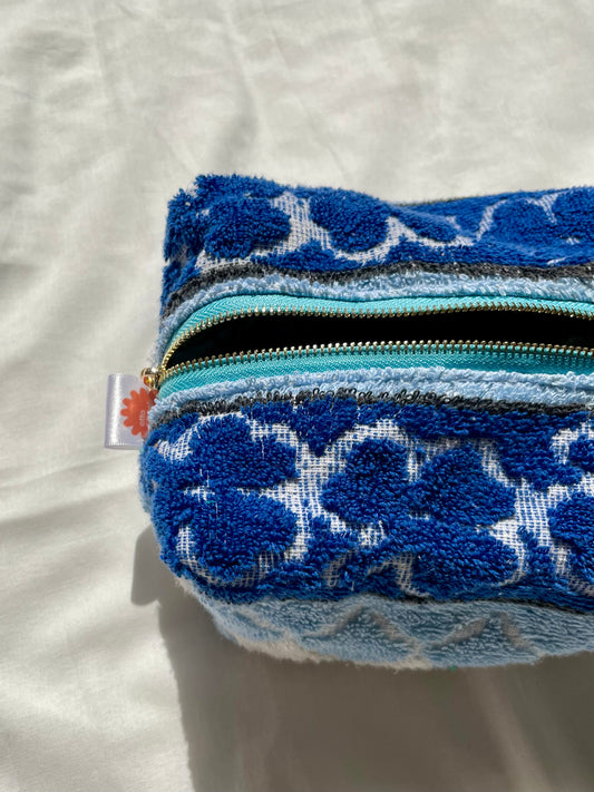 Handmade Vintage Towel Make Up Bag in Blue Clover