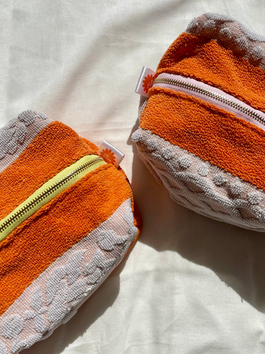 Handmade Vintage Towel Make Up Bag in Orange and White