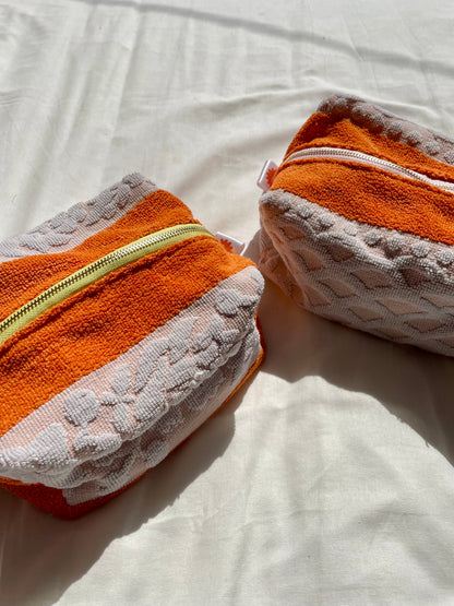 Handmade Vintage Towel Make Up Bag in Orange and White