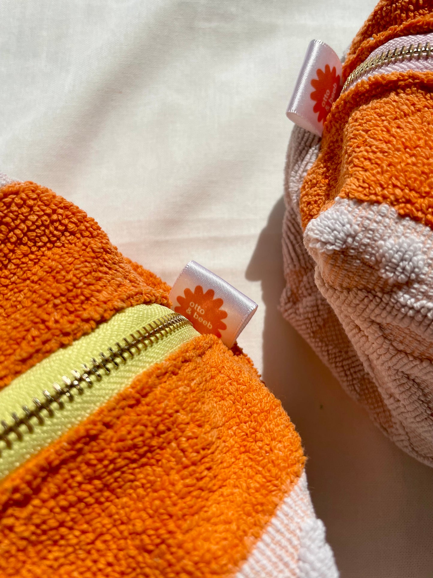 Handmade Vintage Towel Make Up Bag in Orange and White