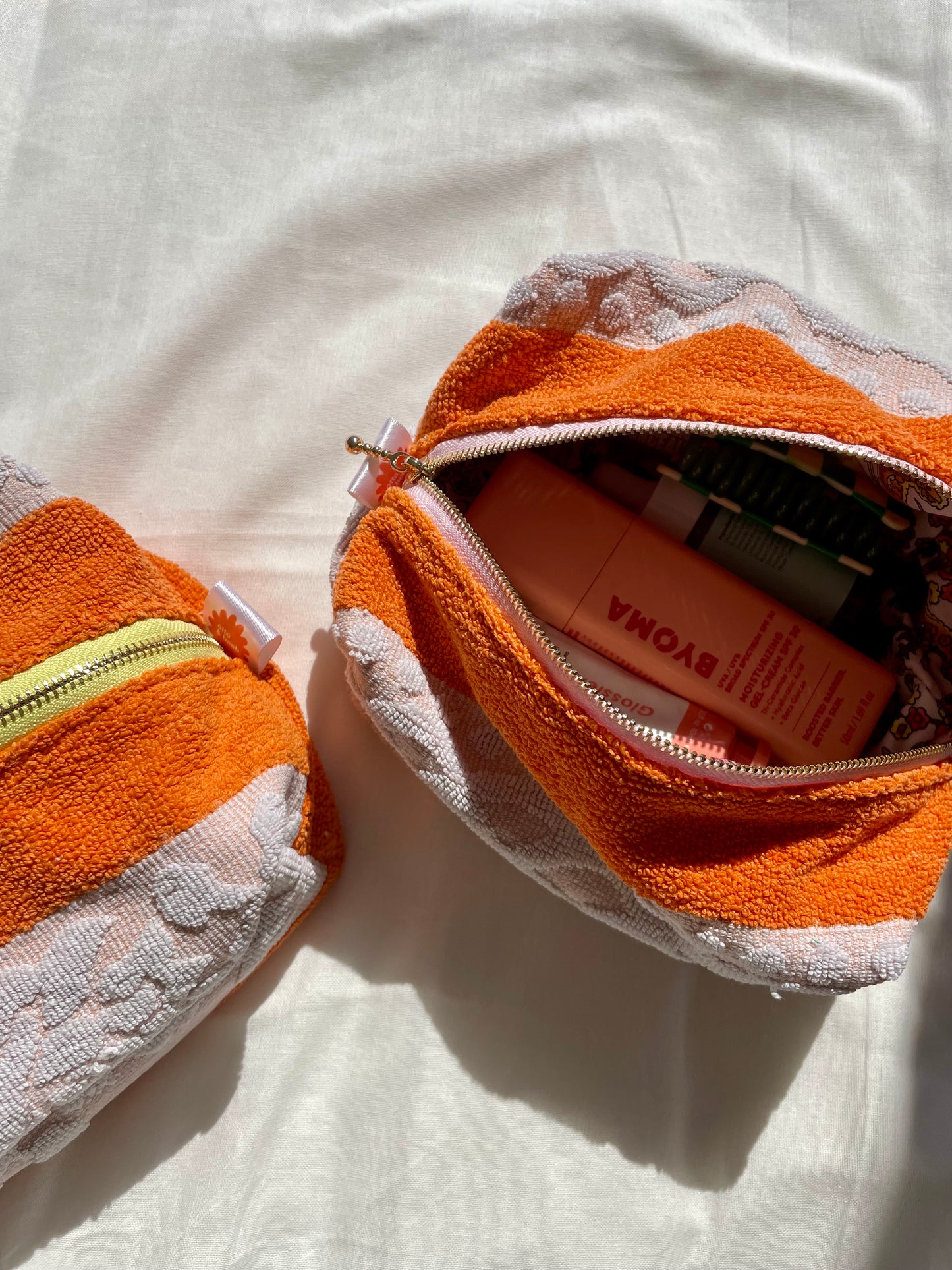 Handmade Vintage Towel Make Up Bag in Orange and White