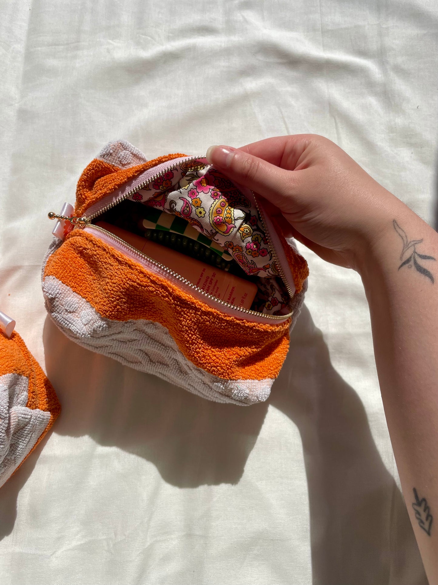 Handmade Vintage Towel Make Up Bag in Orange and White