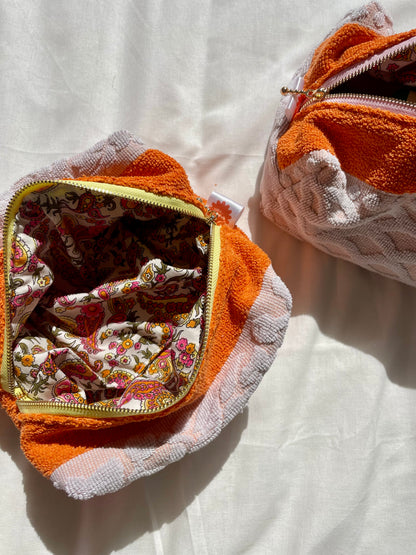 Handmade Vintage Towel Make Up Bag in Orange and White