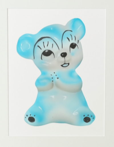 Realistic painting of a blue ceramic animal on a white background