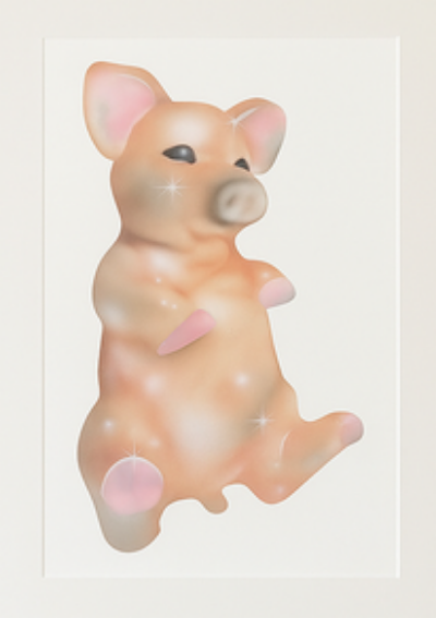 A reaistic Painting of a ceramic pig on a white background
