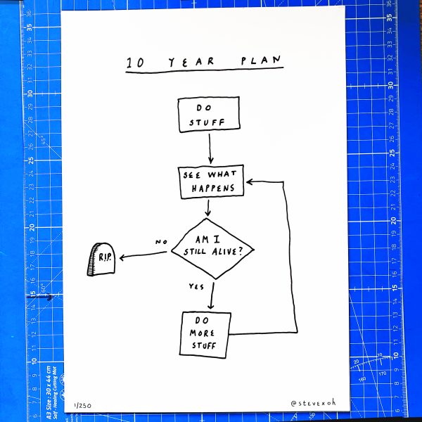 Limited edition 10 Year Plan art print featuring a minimalist flowchart design on white paper showing a humorous life cycle from 'Do Stuff' to 'See What Happens' with decision points and arrows, numbered 1/250 on blue grid background. By @stevexoh - Art Collection