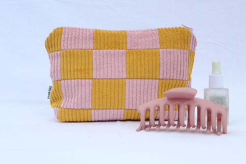 Pink & Mustard Checkerboard Large Pouch