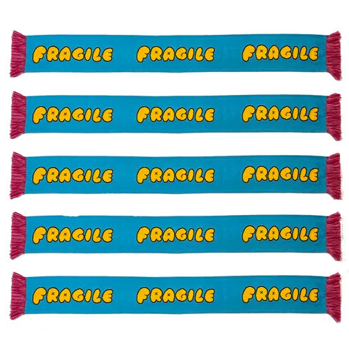 Blue scarf with the words fragile in yellow bubble writing