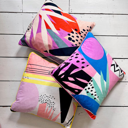 Geometric Pattern Printed Velvet Cushion yellow stripe/peach star/black dots and triangle/cream