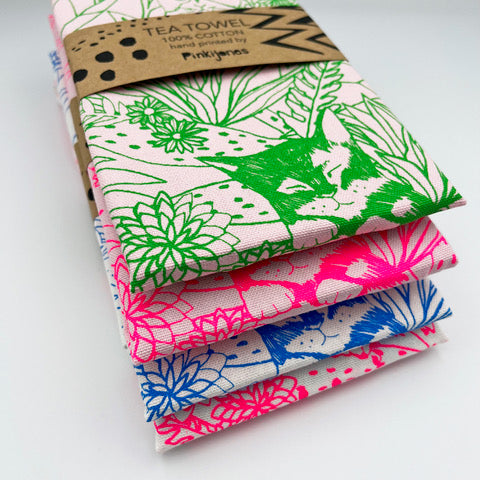 Screenprinted Cat Tea Towel - Various Colourways