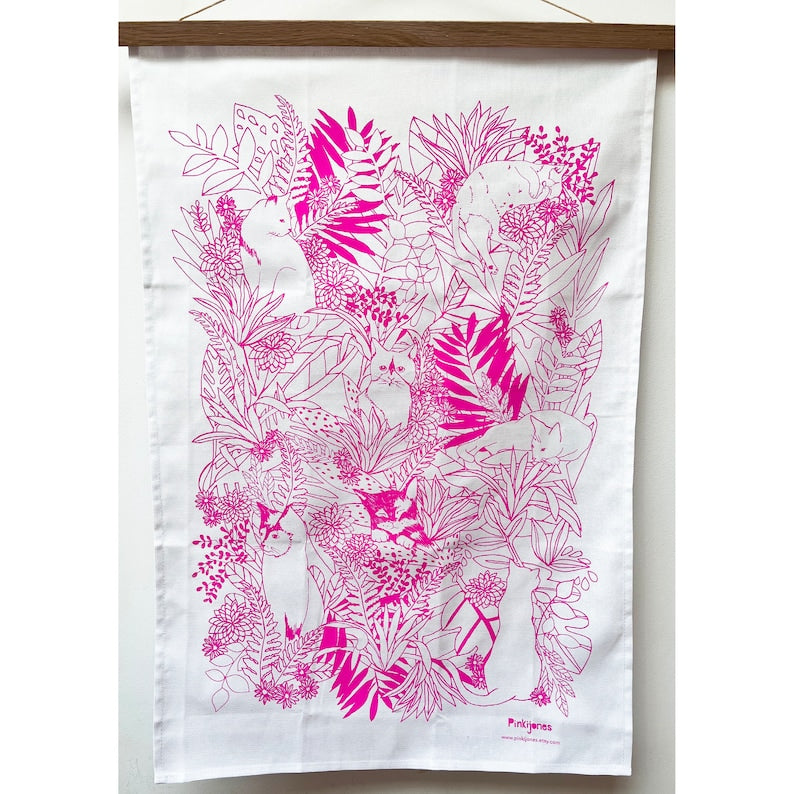 Screenprinted Cat Tea Towel - Various Colourways