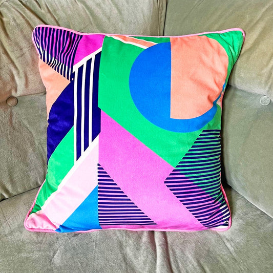Geometric circle and striped Pattern printed velvet cushion Green/peach/Navy/cream
