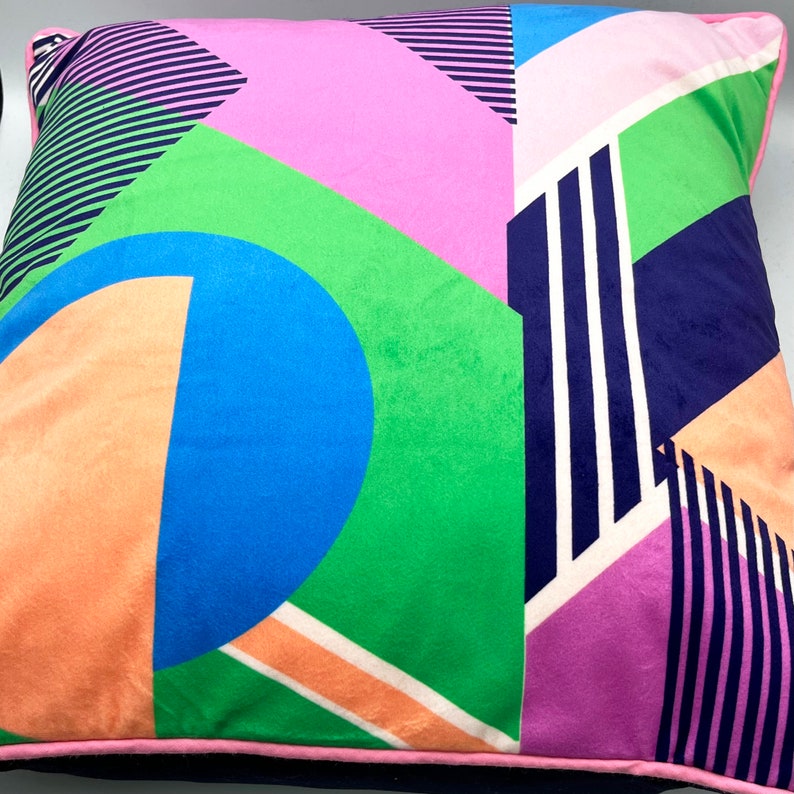 Geometric circle and striped Pattern printed velvet cushion Green/peach/Navy/cream