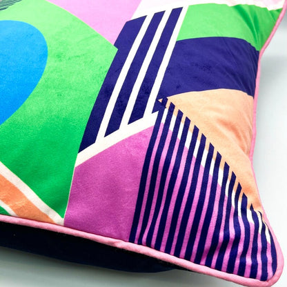 Geometric circle and striped Pattern printed velvet cushion Green/peach/Navy/cream