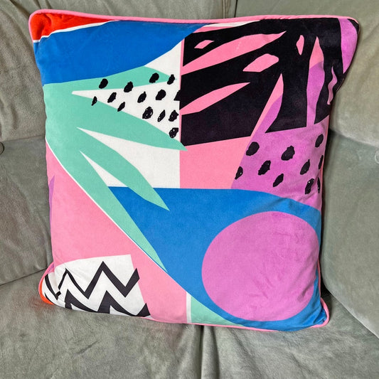 Geometric Leaf Pattern printed velvet cushion Blue/Pink/Mint