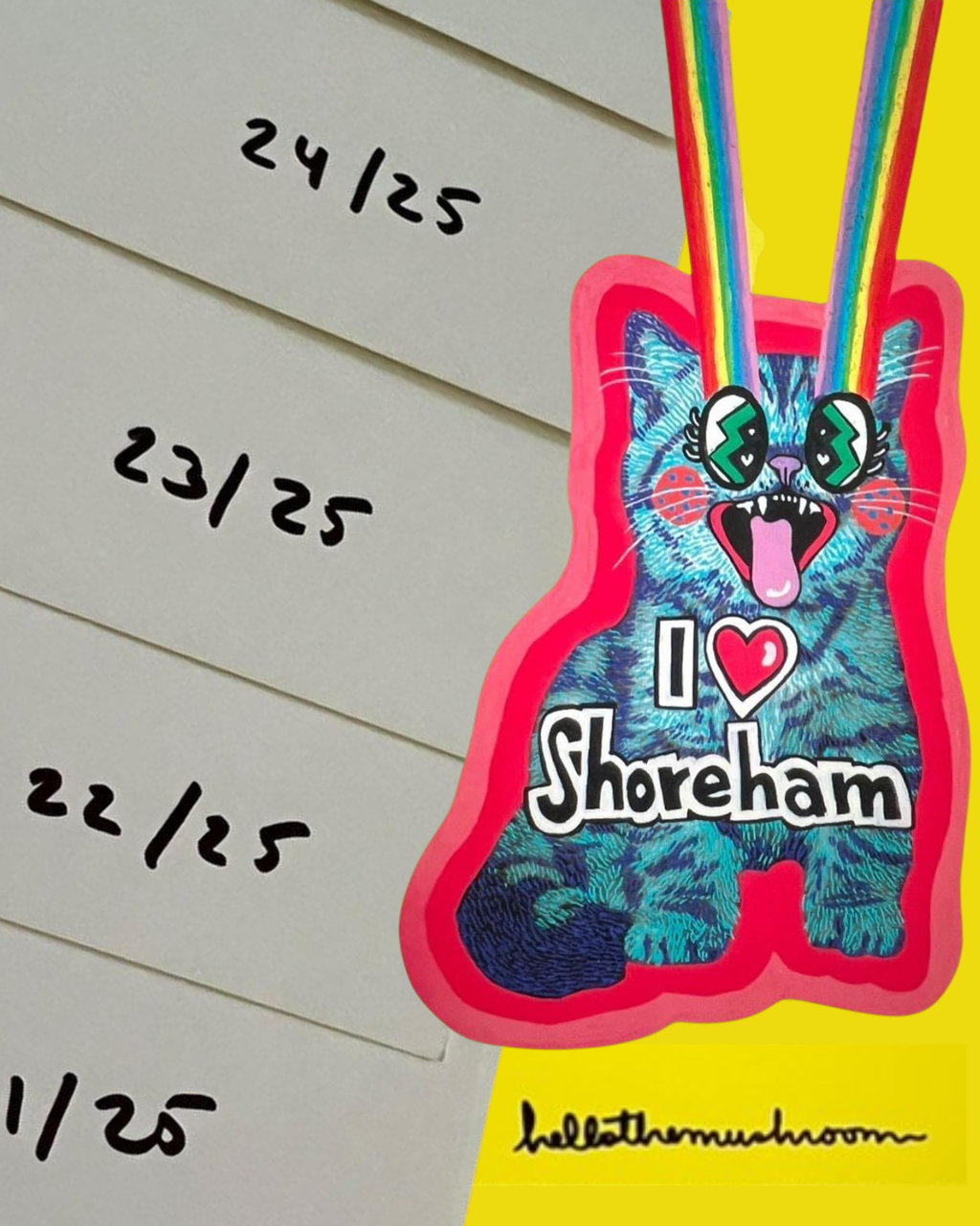 Cute rainbow Shoreham kitty keychain with heart eyes and tongue out