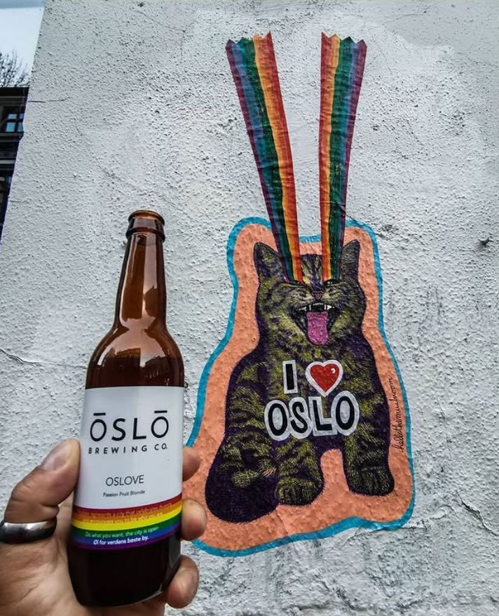 Shoreham kitty paste up brown bottle with rainbow label from Oslo Brewing Co