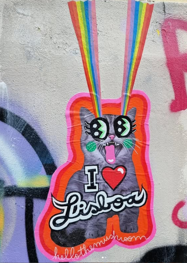 Rainbow kitty paste sticker with heart and I love Lisbon text on yellow Shoreham kitty print