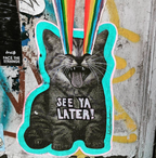 Rainbow kitty paste Shoreham kitty sticker with black fur teal outline