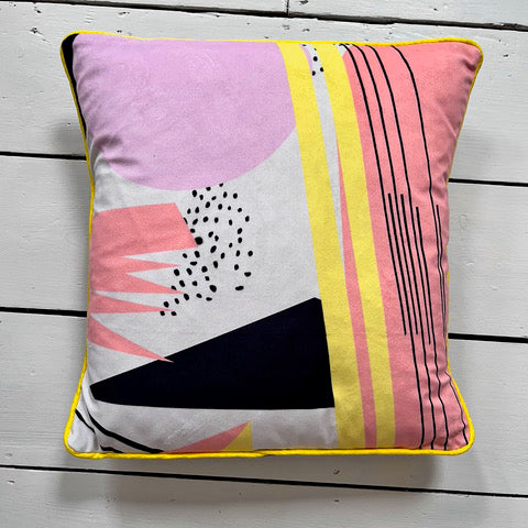 Geometric Pattern Printed Velvet Cushion yellow stripe/peach star/black dots and triangle/cream