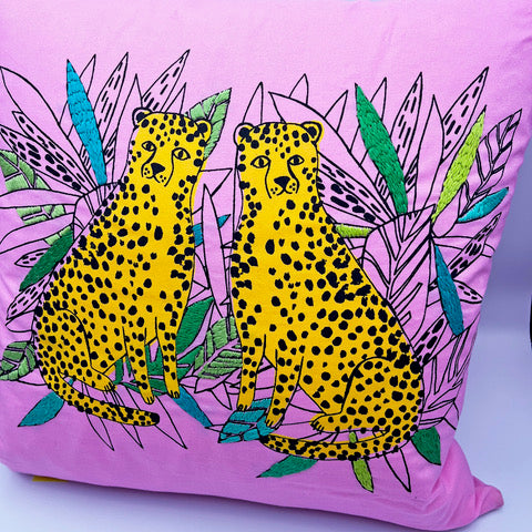 Twin Leopard Print/Hand Embroidered Cushion - Blue