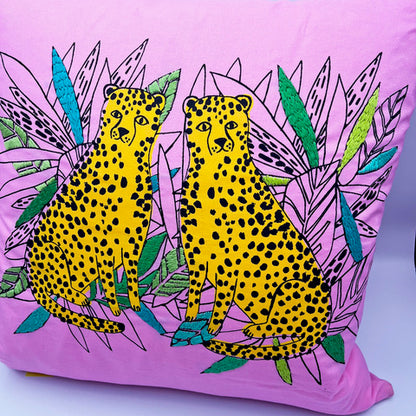 Twin Leopard Print/Hand Embroidered Cushion - Pink