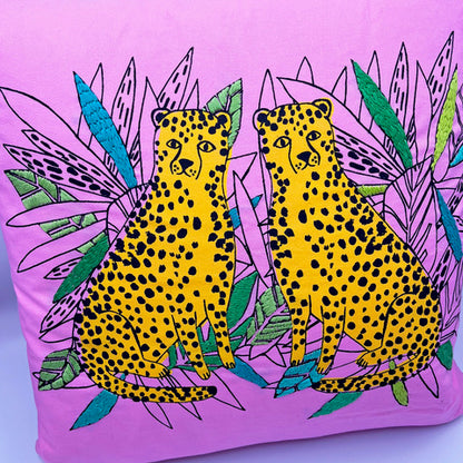 Twin Leopard Print/Hand Embroidered Cushion - Blue