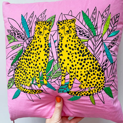 Twin Leopard Print/Hand Embroidered Cushion - Blue