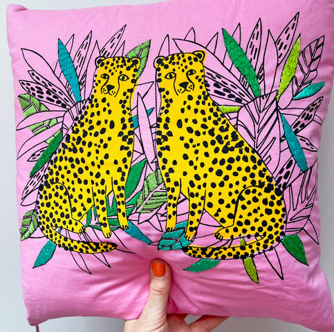 Twin Leopard Print/Hand Embroidered Cushion - Blue