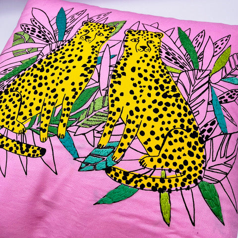 Twin Leopard Print/Hand Embroidered Cushion - Pink