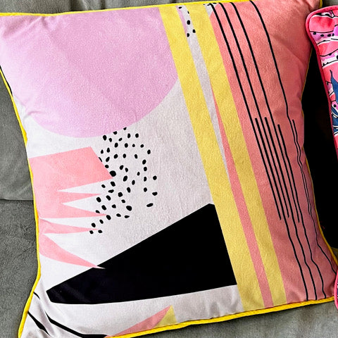 Geometric Pattern Printed Velvet Cushion yellow stripe/peach star/black dots and triangle/cream