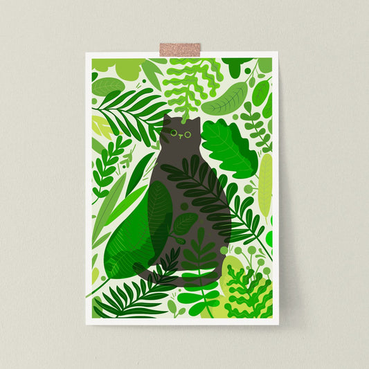 A3 Peeking Cat Green Print